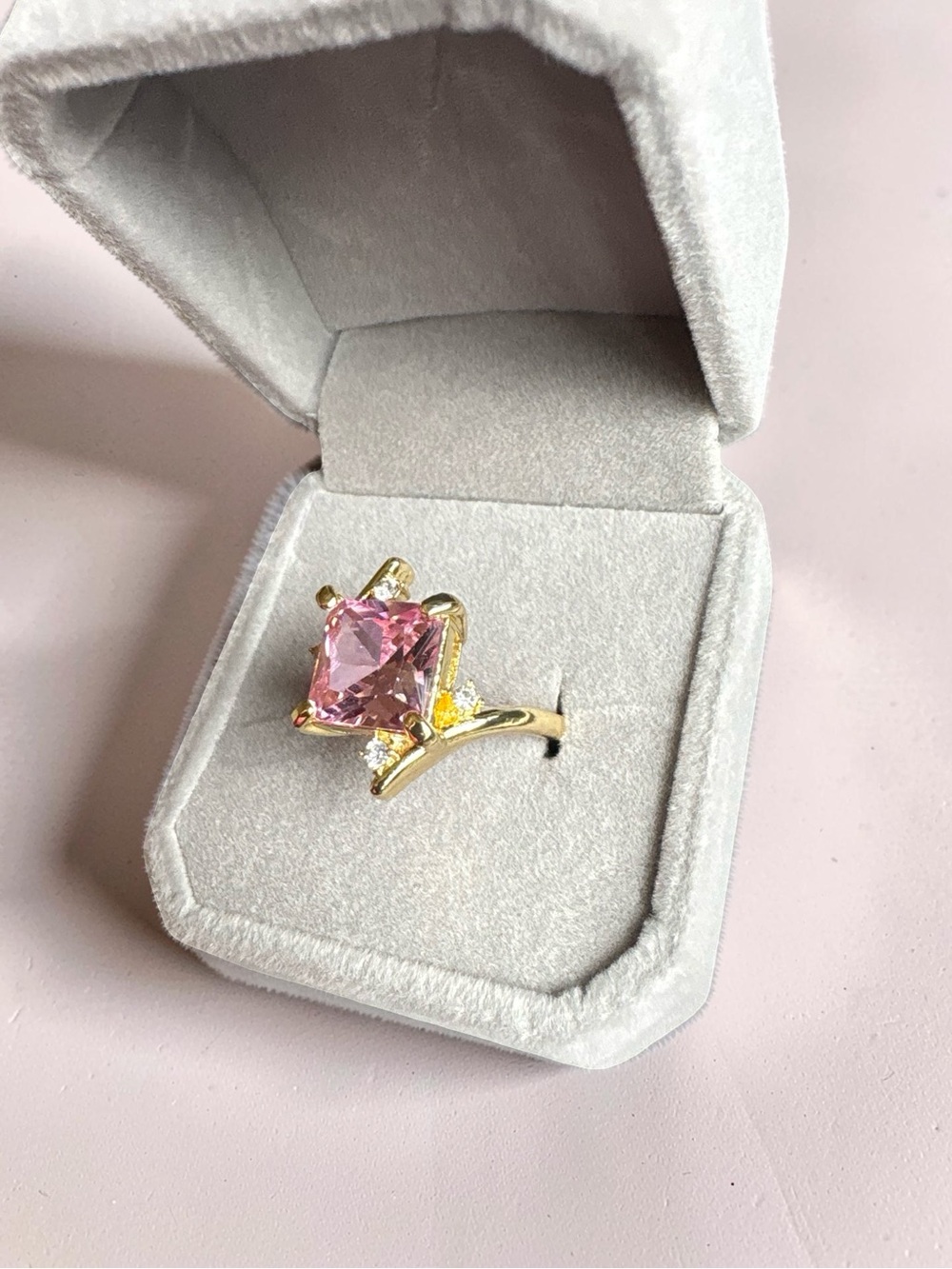 Gold Ring with Square Pink Crystal - Elegant - Picture 3 of 5